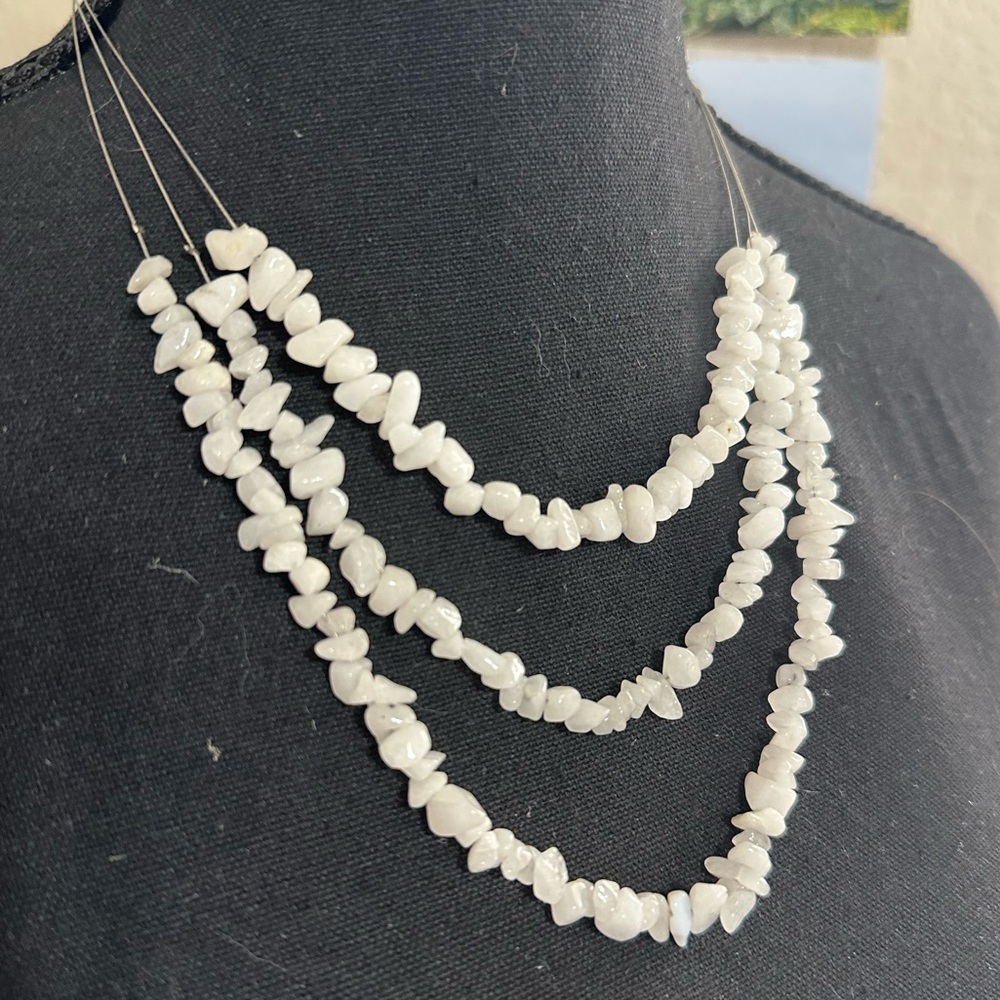 Triple Strand White Chip Bead Necklace - Classic Women Jewelry 20”
